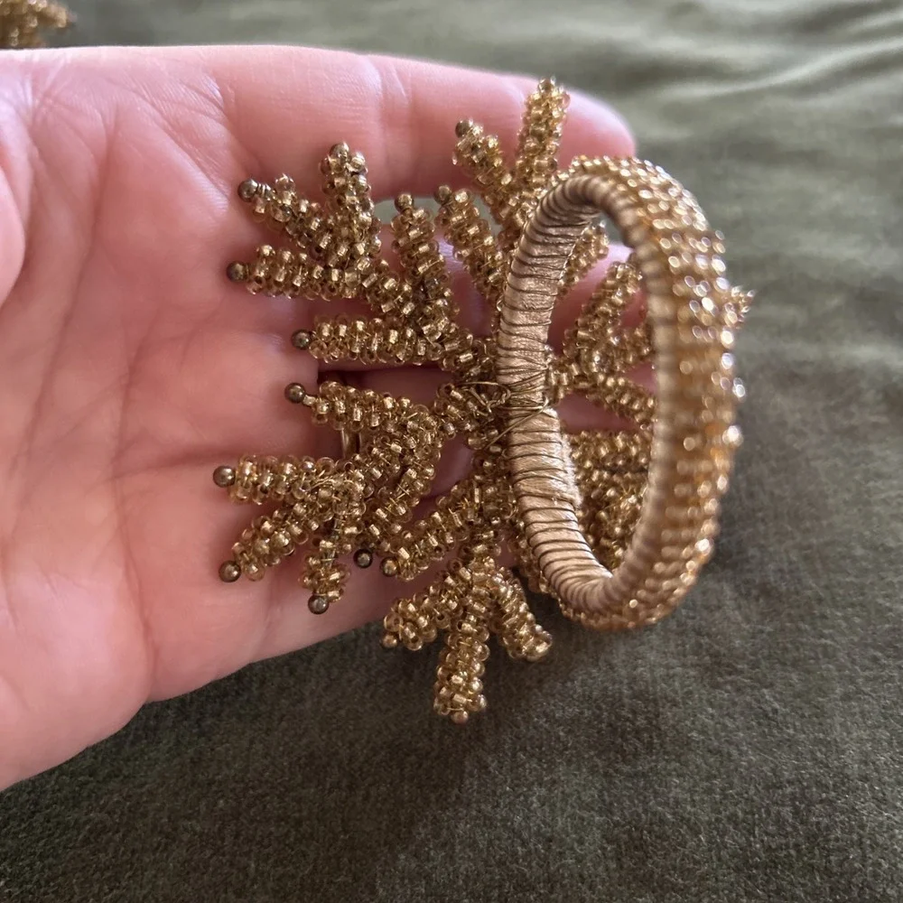 PIER 1? Jeweled & Beaded Napkin Rings Amber Gold Snowflake Clusters - Set Of 6